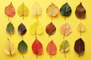 Obraz premium Bright autumn leaves laid out on a yellow background, their vibrant colors ranging from yellow to red, celebrating the beauty and diversity of the fall season.