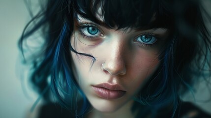 Fototapeta premium portrait of a teenage girl with blue hair and light eyes and freckles