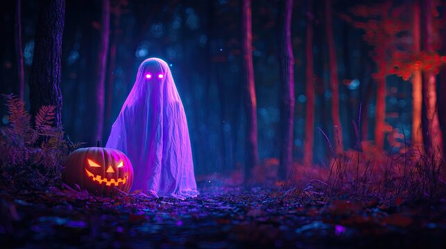 A purple ghost with glowing eyes, wearing a white sheet, stands in the dark forest at night next to an orange pumpkin. A glowing purple light emanates from behind its back, 