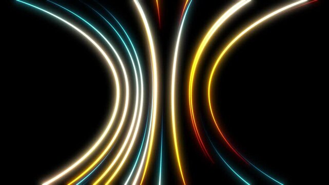 Neon curve lights abstract background for colorful wave vortex concept. Bright shiny wavy border for presentation slide. Seamless loop. A luminous light trails frame illuminated by radiant light.