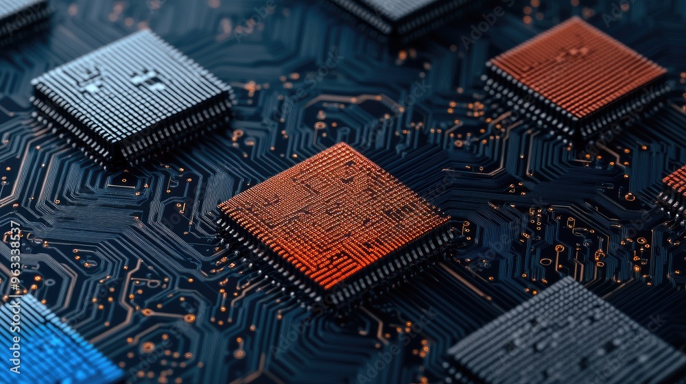 Poster close-up view of microchips on a circuit board, showcasing technology and innovation in electronics 