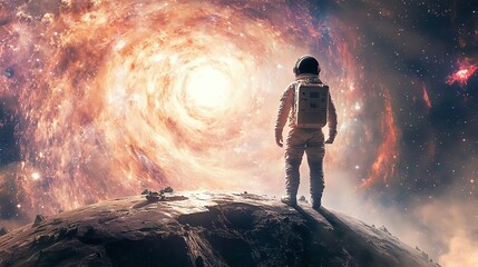 Obraz premium A lone astronaut stands on a distant planet, gazing into a mesmerizing cosmic vortex. Evoking exploration, mystery, and the vastness of space.