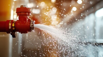 Fire sprinkler system in action, with water droplets scattering through the air as the mechanism activates in response to simulated fire conditions.