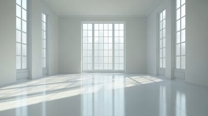 Fototapeta premium Minimalist white room with stark design, evoking a futuristic and abstract atmosphere. Clean lines and an empty, spacious environment reminiscent of digital worlds and modern architectural concepts.