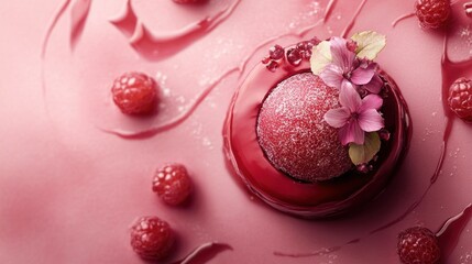 Raspberry and Flower-Decorated Dessert on Pink Background