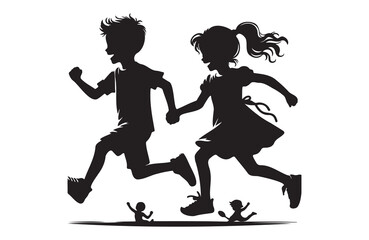 Obraz premium children girl and boy joyfully run of silhouette vector