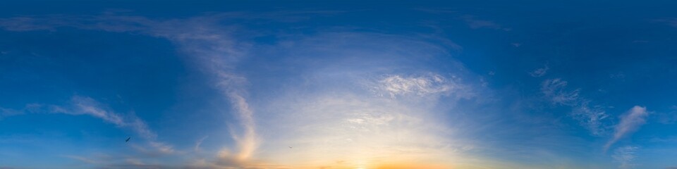 Sky 360 panorama - Bright blue sky filled with fluffy white Cirrus clouds. Seamless hdr spherical 360 panorama. Sky dome sky replacement for aerial drone 360 panoramas. Weather and climate change