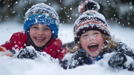 Two Children Laughing In The Snow