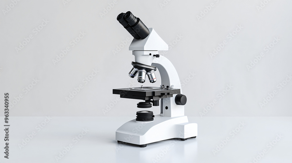 Poster modern white microscope on a white background with space for text, representing scientific research 