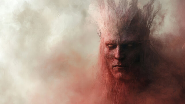 A mysterious figure with feathers and red smoke behind them.