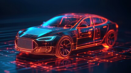 A futuristic car with a red and blue design