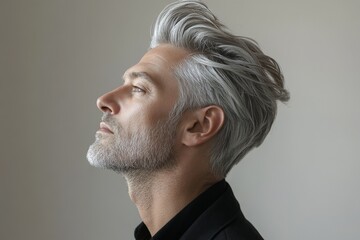 Profile of a stylish mature man with gray hair and beard in soft lighting