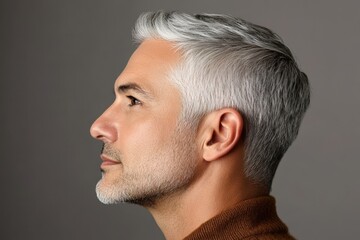 Obraz premium Profile portrait of mature man with gray hair on neutral background