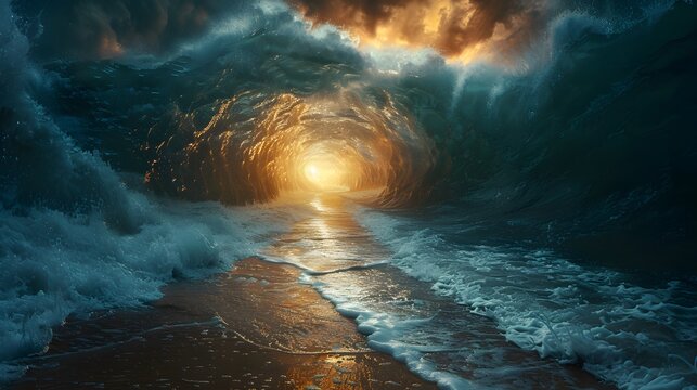 Visualize the epic crossing of the Red Sea, with Moses leading the way through the parted waters, creating a dry path for the Israelites,