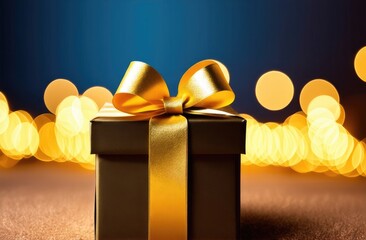 Close-up. Christmas gift in gold packaging and with a gold bow on a blue background with gold bokeh onions. Christmas card.