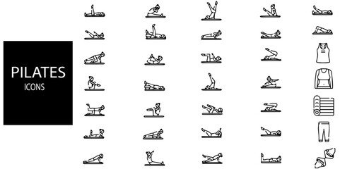 Pilates simple concept 35 icons set. Contains such expander, supplies, bosu ball, meditation, springboard, strap, stretch, yoga mat, wall bars, reformer, pilates, mat.Vector illustration.