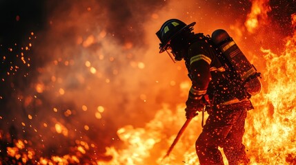 Fototapeta premium The dangerous battle of a firefighter against blazing flames, risking everything to extinguish the inferno.