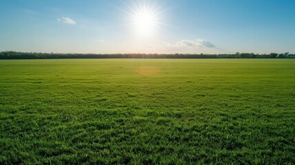 Obraz premium Sunlit Expanses, a vast open field basking under a radiant sun, golden grasses sway gently in the warm breeze, creating a serene and inviting landscape.