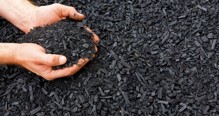 Close up of hands holding black mulch, a sustainable gardening material. Perfect for adding rich color and texture to your garden beds.