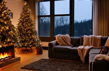 Celebrating Christmas and New Year. Cozy living room with large windows, Christmas tree, fireplace and sofa with blanket in warm lighting. Snow-covered trees outside the window.