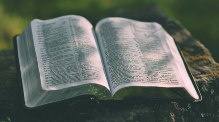 Fototapeta premium An Open Bible on a Rock Surrounded by Nature, Symbolizing Reflection and Tranquility