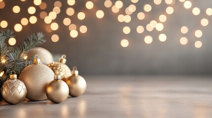 Elegant gold Christmas ornaments adorn a festive setting, surrounded by glimmering lights and a touch of greenery for the holidays.