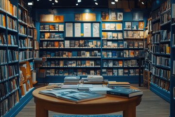 Wooden Bookshelves and Round Tables in a Modern Library..