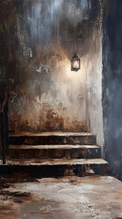 Rustic Staircase with Aged Wall and Lantern Lighting