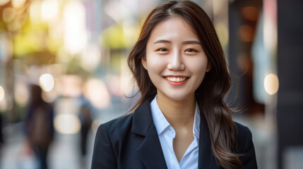 Fototapeta premium East Asian Pretty woman smiling wearing suit background wallpaper design, modern creative and colorful png file