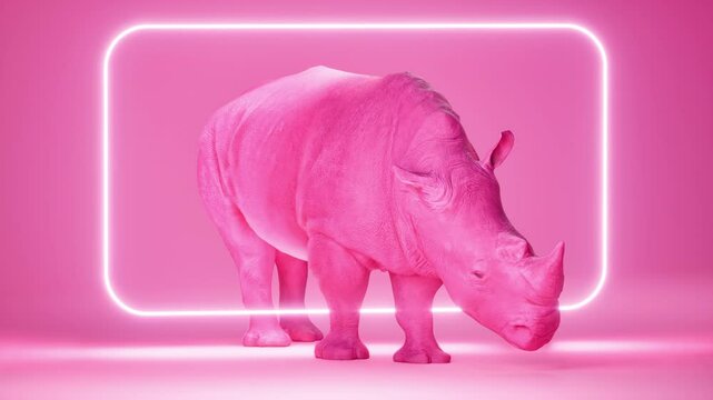 Pink rhinoceros on pink background with neon frame