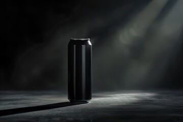 Realistic mockup of aluminum black can with dripping condensation on black background with beverage, water, energy drink, beer, juice, alcohol and soda, with fresh water drops