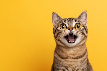 Obraz premium Curious tabby cat gazes upward against a vibrant orange background during a sunny afternoon