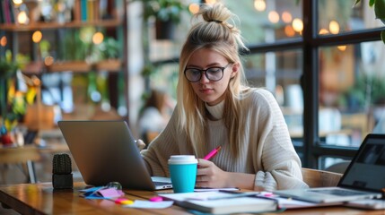 The Woman Working in Cafe