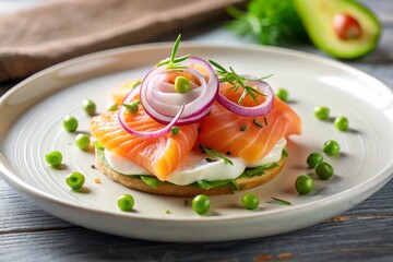 A minimalist white plate showcasing a delicate arrangement of smoked salmon, sliced avocado, and pickled red onion, topped with a dollop of crème fraîche and a sprinkle of chopped chives