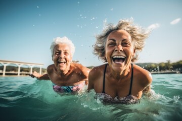 Fototapeta premium Portrait of diverse senior women swimming in lake