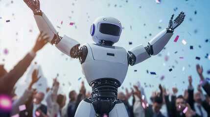 A humanoid robot raises its arms in celebration alongside cheerful office workers