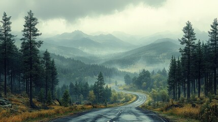 A winding road through a misty mountain landscape.