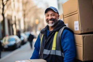 Smiling portrait of a middle aged delivery man
