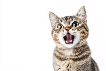 Obraz premium A curious tabby kitten expressing excitement with wide open mouth against a plain white background