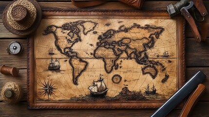Old World Map Featuring the Legendary Maritime Journeys of Explorers with Authentic Compass and Instruments
探検家たちの伝説的な海上の旅路を描いた古い世界地図と本格的なコンパスや道具.Generative AI
