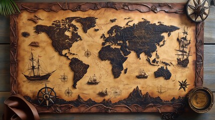 Old World Map Featuring the Legendary Maritime Journeys of Explorers with Authentic Compass and Instruments
探検家たちの伝説的な海上の旅路を描いた古い世界地図と本格的なコンパスや道具.Generative AI