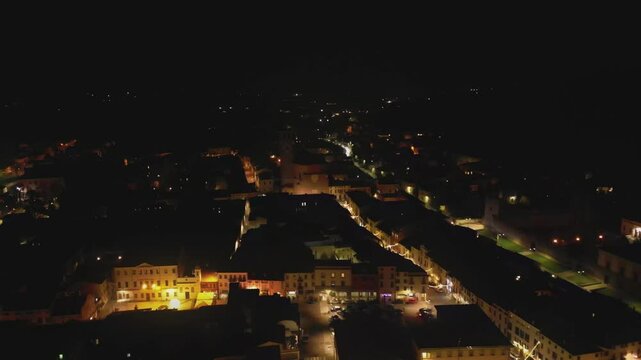 Holiday Splendor: Aerial View of Santa Tecla Cathedral in Christmas Lights in Este, Padua