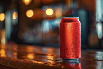 Red aluminum can, with drip condensation, on the bar counter, with drink, water, energy drink, beer, juice, alcohol or soda