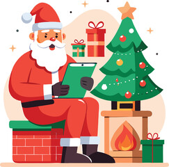 Santa Claus Checking His List by the Fireplace