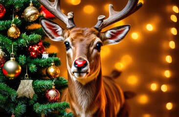 Close-up. A deer stands in front of decorative Christmas trees. Christmas card.