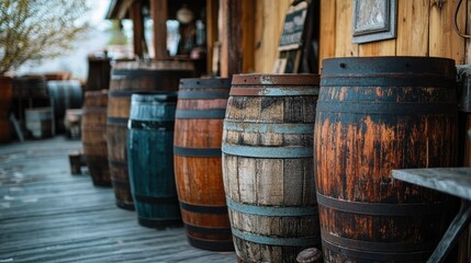 Weathered wooden oil barrels line a rustic setting, preserving the past and offering eco-friendly storage solutions.