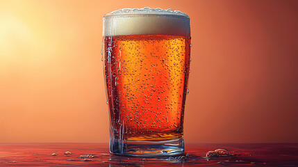 Glass of Beer with Foam. A tall glass of amber beer with frothy foam on top, with bubbles inside.