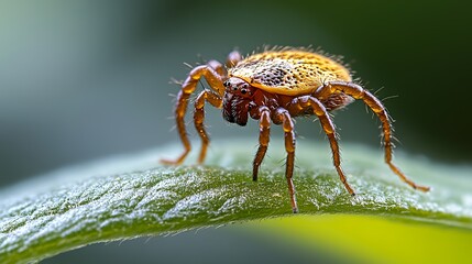 A macro photograph of a small spider on a green leaf, with its eight legs clearly visible.