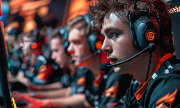 Esports Intensity: A focused gamer, eyes locked on the screen, competes with his team in the electrifying atmosphere of a professional tournament. 