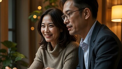 Fototapeta premium A middle-aged Asian couple, a woman with long dark hair and a man with glasses, sitting together and smiling